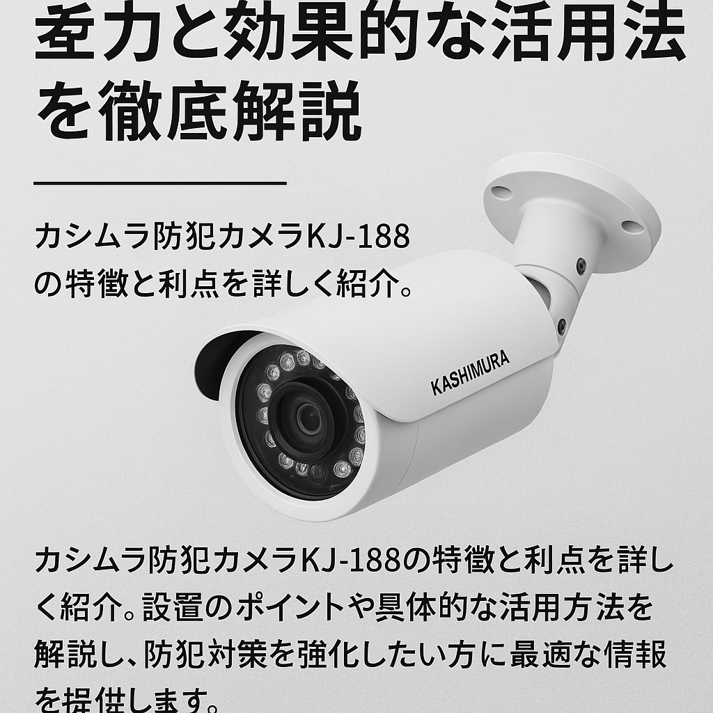 カシムラ防犯カメラKJ-188の実力と効果的な活用法を徹底解説  
MetaDescription: カシムラ防犯カメラKJ-188の特徴と利点を詳しく紹介。設置のポイントや具体的な活用方法を解説し、防犯対策を強化したい方に最適な情報を提供します。