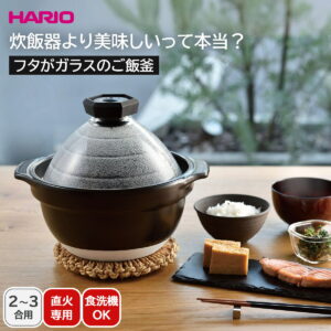 【5日限定クーポン配布中♪】ハリオ ご飯釜 ご飯鍋 土鍋HARIO フタがガラスのご飯釜2〜3合 ガス火 直火対応人気 炊飯器 ガラス蓋 日本製 耐熱素材 ふっくら おいしい ご飯