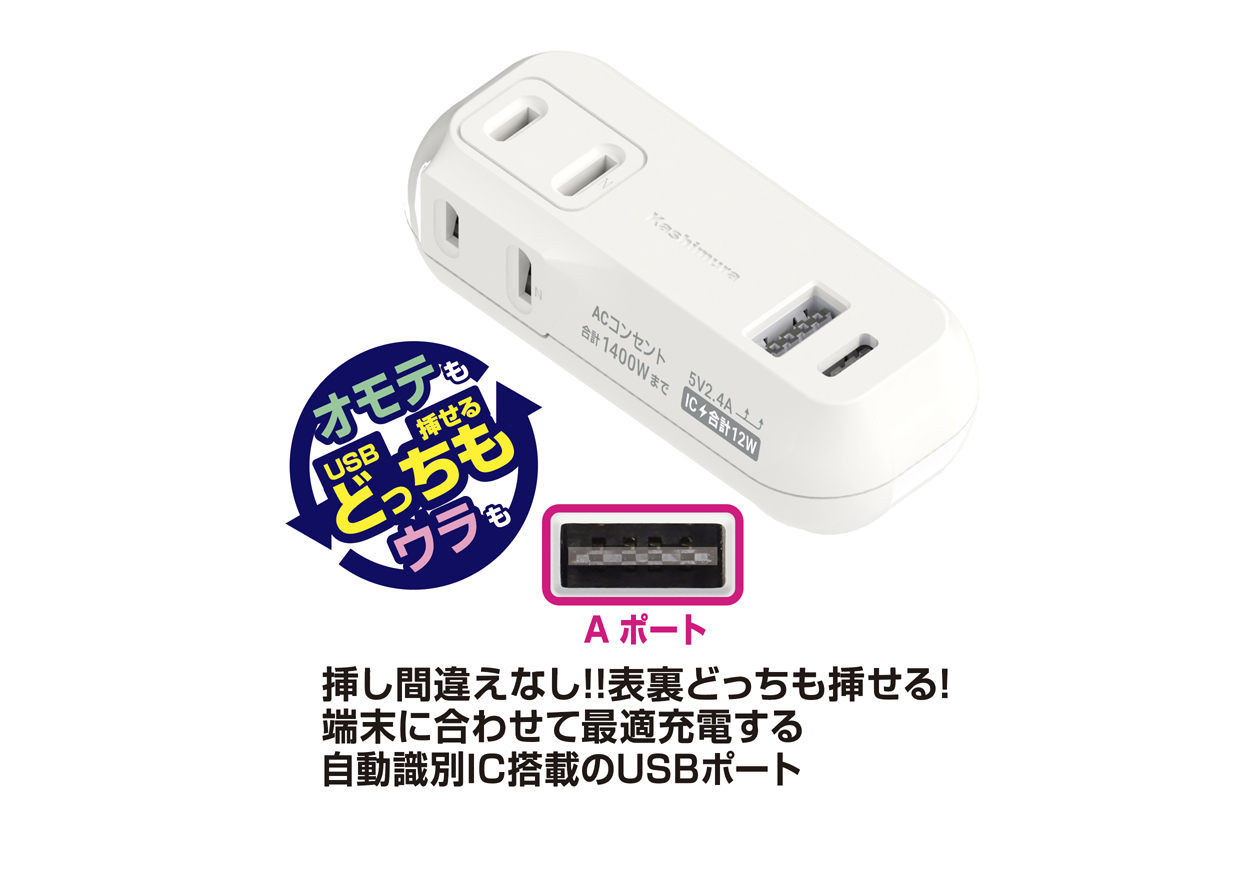 2AC2USB A+C 12W リバーシブル 自動識別 WH - 画像 (3)