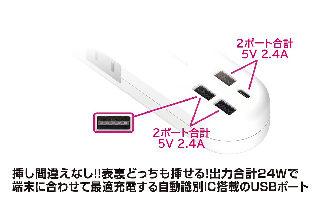 4AC4USB 3A+1C 24W 1.2m リバーシブル SW 自動識別 WH - 画像 (6)