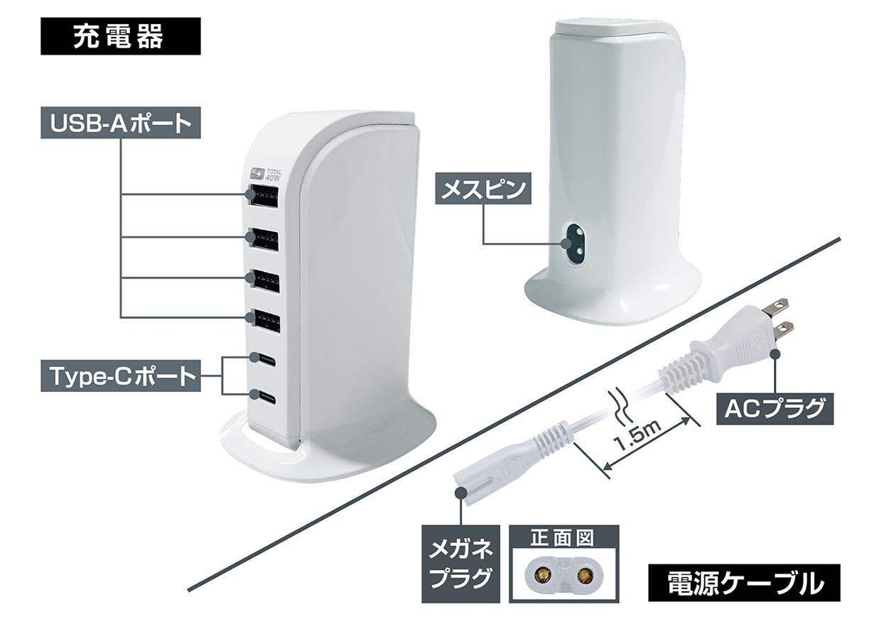 AC Type-C2P USB-A4P 40W 自動識別 リバーシブル - 画像 (4)