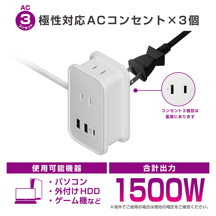 電源タップAC3 USBA2+C1 PD20W 自動識別 リバーシブル 1m - 画像 (4)