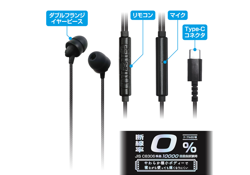 寝ながらイヤホン Type-C 強靭 リモコンマイク付き - 画像 (2)