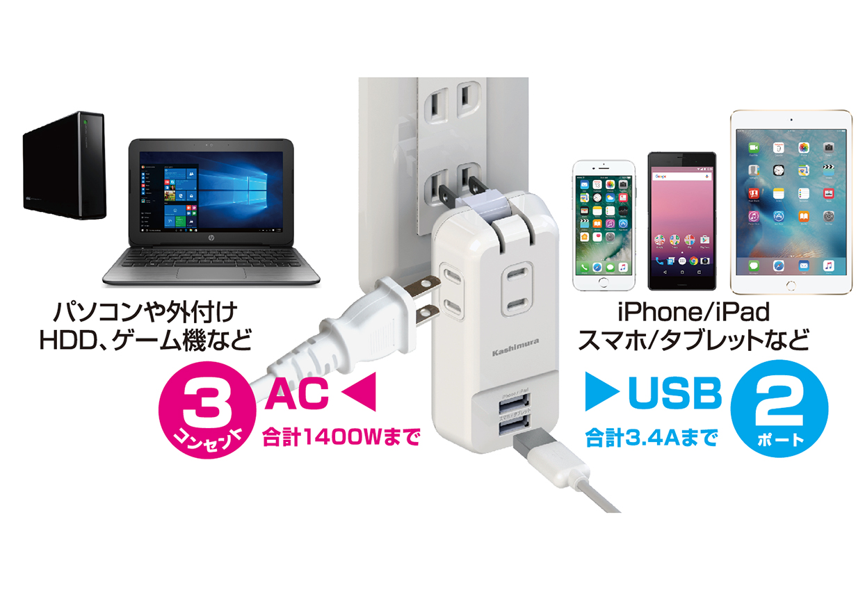 AC充電器 AC3P USB2P 3.4A WH - 画像 (2)