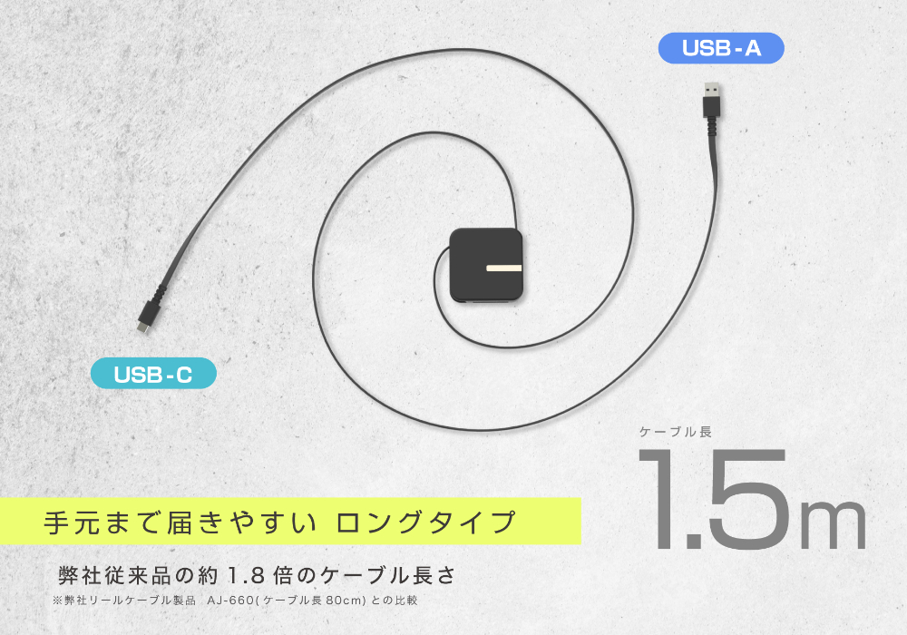 USB充電&同期ケーブル リール1.5m A-C BK - 画像 (7)