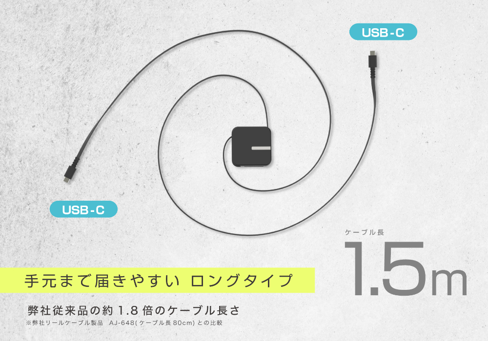 USB充電&同期ケーブル リール1.5m C-C BK PD60W - 画像 (8)