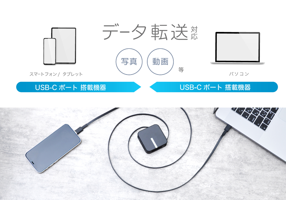USB充電&同期ケーブル リール1.5m C-C BK PD60W - 画像 (10)