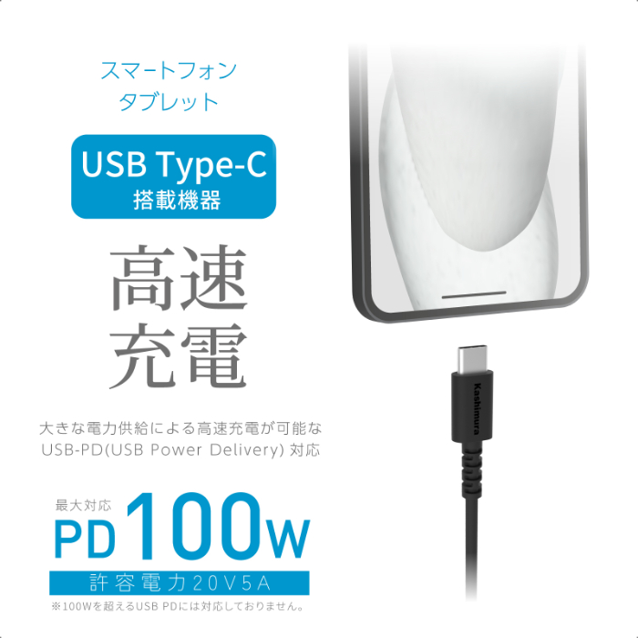 USB充電&同期ケーブル 1m C-C 100W BK - 画像 (3)