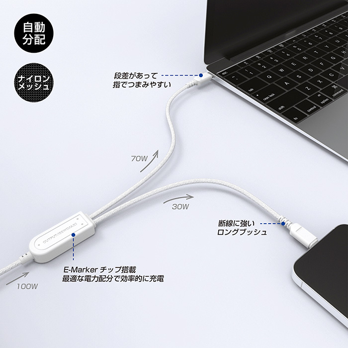 USB充電&同期ケーブル 自動分配1.2m C-C&C PD100W WH - 画像 (2)