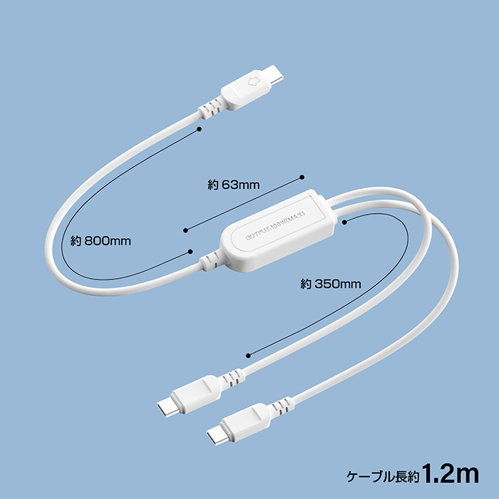 USB充電&同期ケーブル 自動分配1.2m C-C&C PD100W WH - 画像 (3)