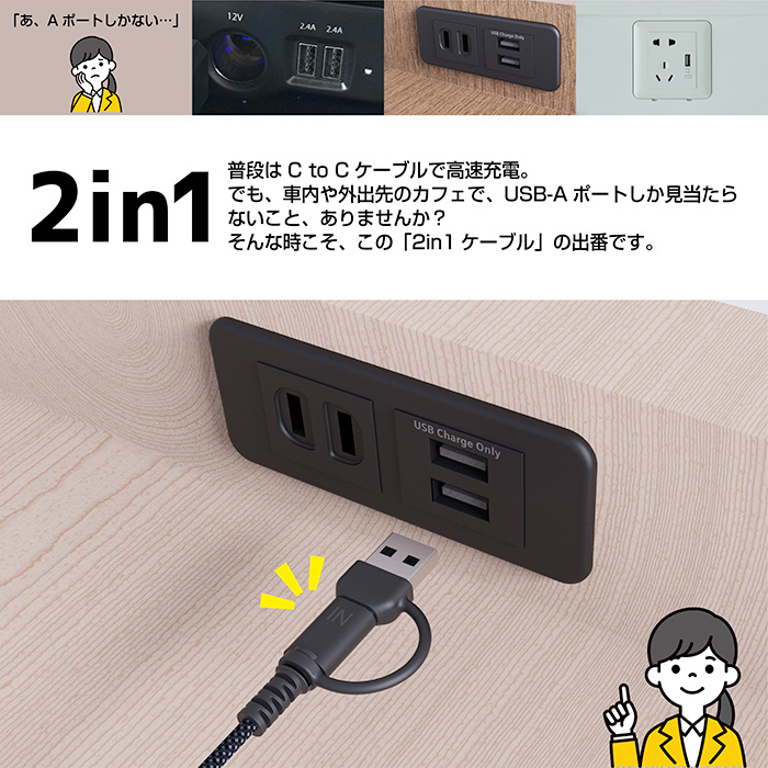 USB充電&同期ケーブル 変換コネクタ付き 1.2m A/C-C - 画像 (4)