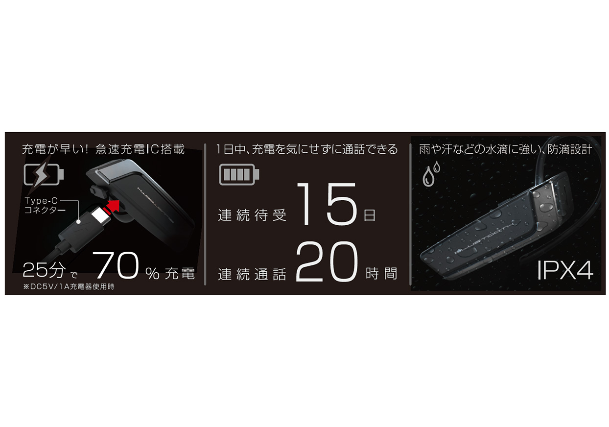 スタミナ & 防滴 Bluetoothイヤホンマイク 急速充電 - 画像 (4)