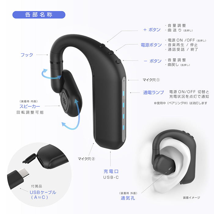 ワイヤレスイヤホン オープンイヤー スタミナバッテリー&ダブルマイク - 画像 (7)