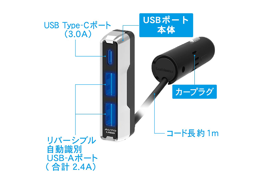 DC-5.4A-リバーシブルUSB 3ポート 自動判定 セパレート スリム - 画像 (3)
