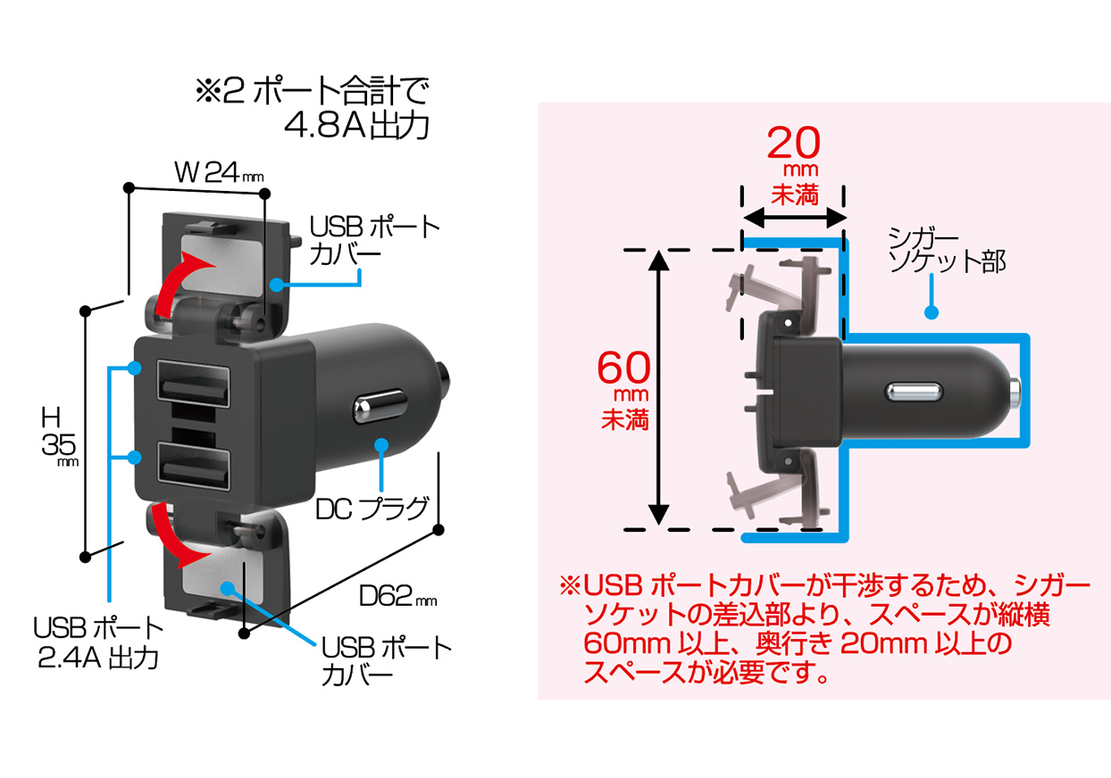 純正風 DC-4.8A USB2ポート 自動判定 - 画像 (3)
