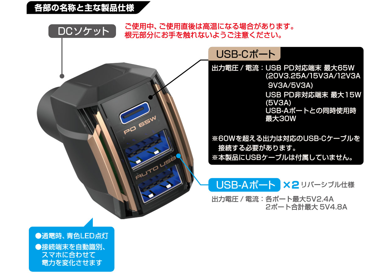 DC-65W USB 3ポート PD65W 自動判定 - 画像 (3)