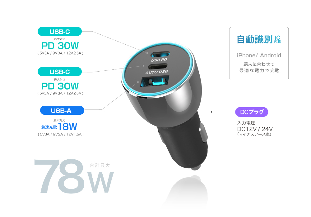 DC-78W USB 3ポート PD30W×2+18W - 画像 (4)