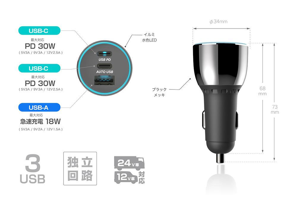 DC-78W USB 3ポート PD30W×2+18W - 画像 (9)