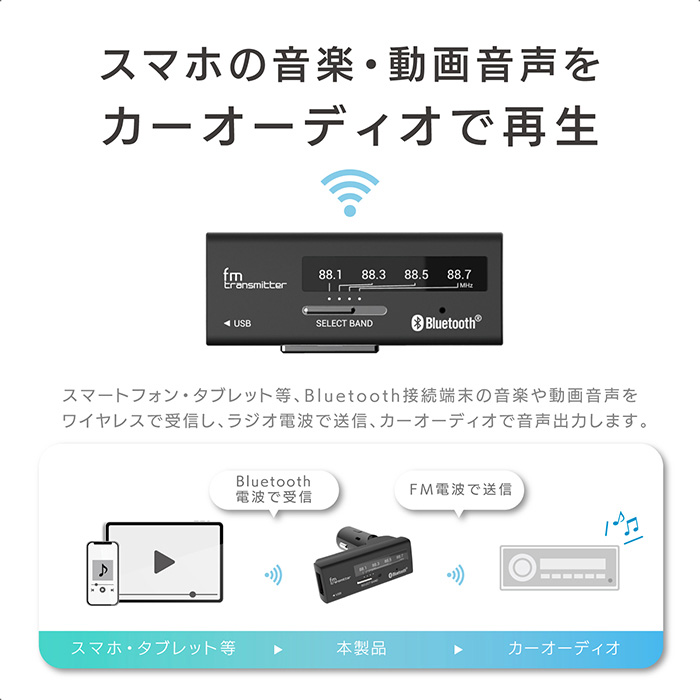 Bluetooth FMトランスミッター 4バンド USB1ポート 2.4A - 画像 (3)