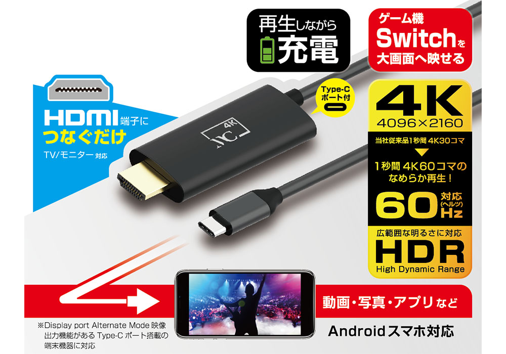 HDMI変換ケーブル Type-C専用 4K 充電用ポート付 3m - 画像 (2)