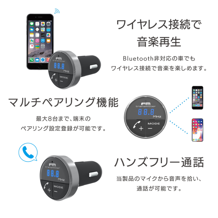 Bluetooth FMトランスミッター フルバンド アンビエントライト付 - 画像 (5)