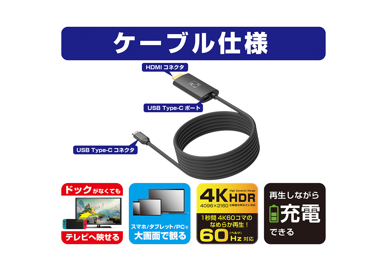 HDMI変換ケーブル スイッチTV出力用 - 画像 (4)
