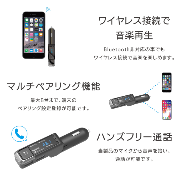Bluetooth FMトランスミッター USB2ポート 4.8A スリム - 画像 (6)