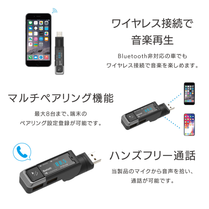 Bluetooth FMトランスミッター USB2ポート 4.8A スリム - 画像 (6)