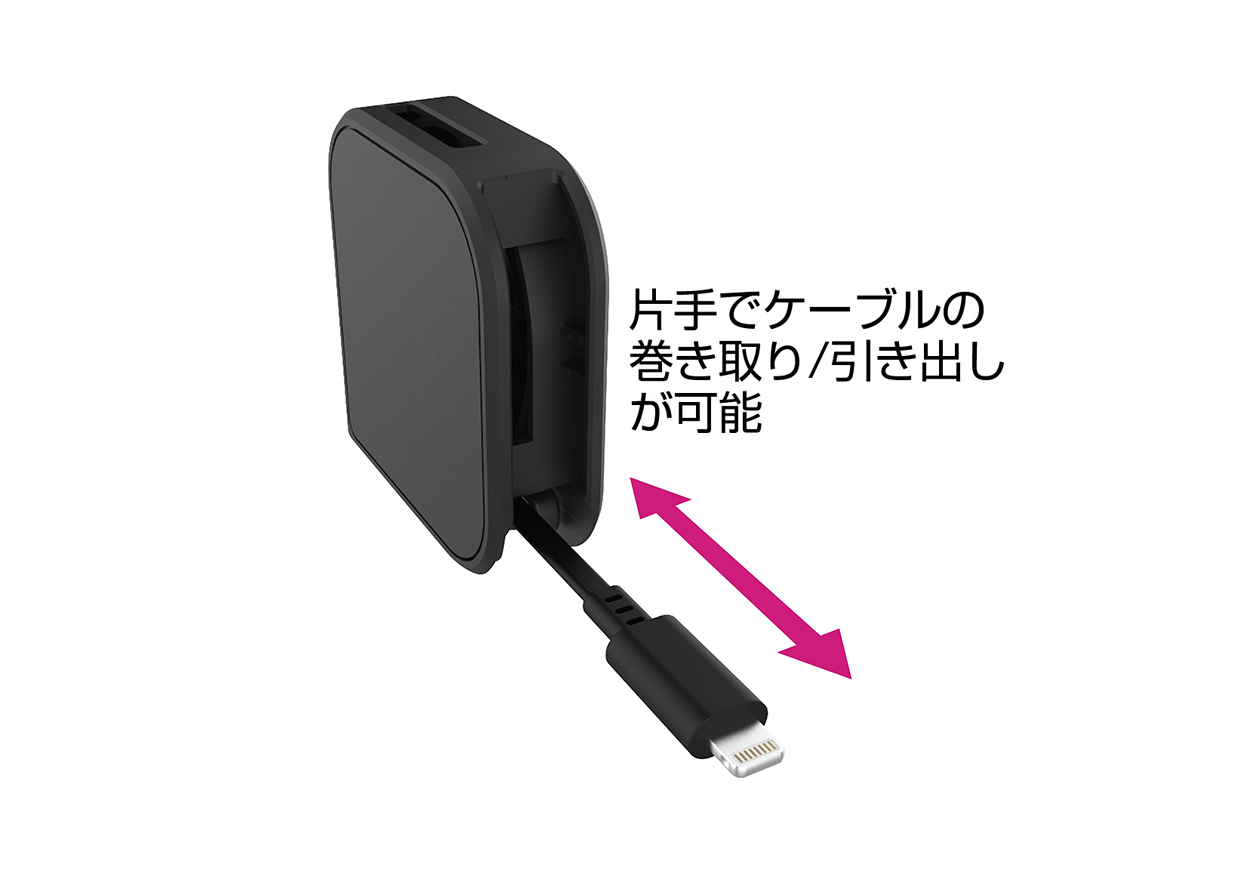 USB充電&同期ケーブル 片引きリール 80cm LN BK - 画像 (2)