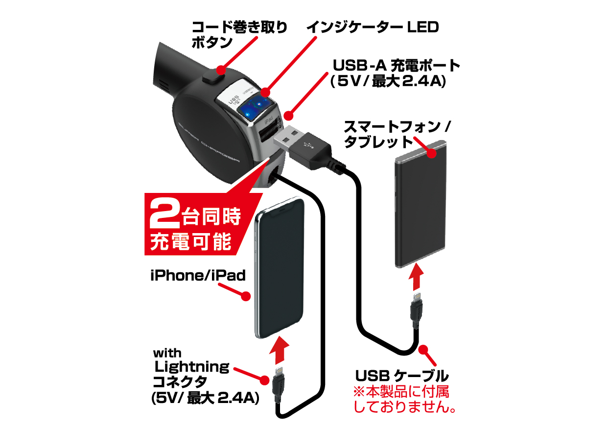 DC充電器 リール インジケーター 4.8A LN BK - 画像 (3)