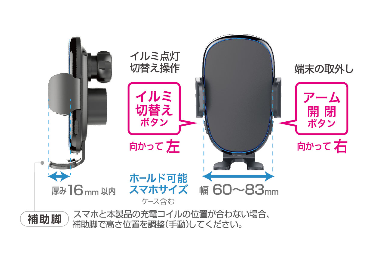 QI自動開閉ホルダー イルミライト付 手帳対応 吸盤取り付け - 画像 (6)