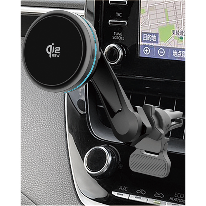 Qi2/25Wマグネットワイヤレス充電器 冷却機能 充電ON/OFF機能 ロングアーム エアコン取り付け - 画像 (2)