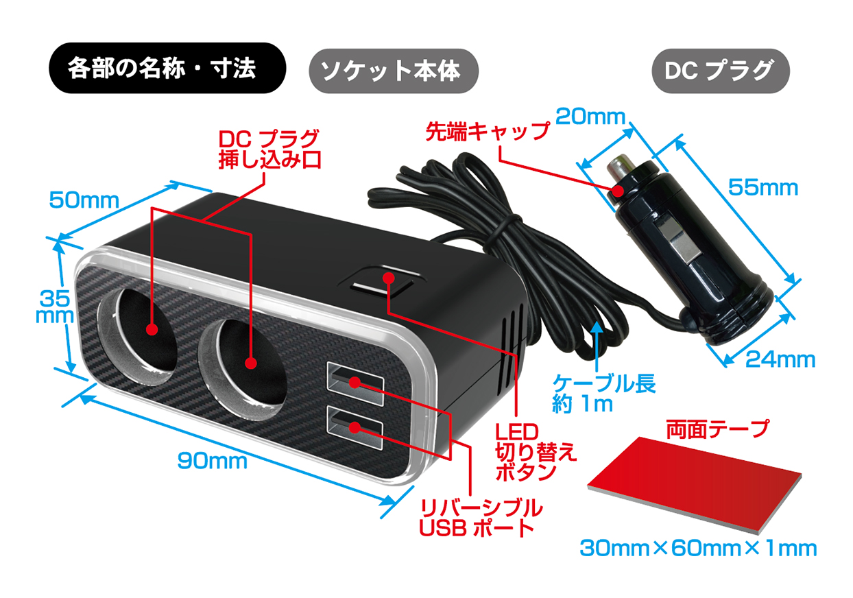 2連セパレートソケット 2USB-4.8A レインボーライト付き - 画像 (3)