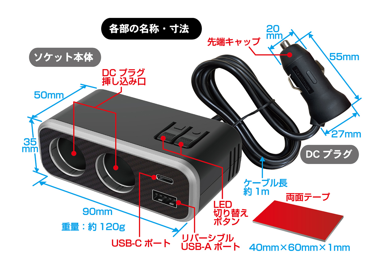2連セパレートソケット PD30W / リバーシブルUSB レインボーライト付き - 画像 (3)