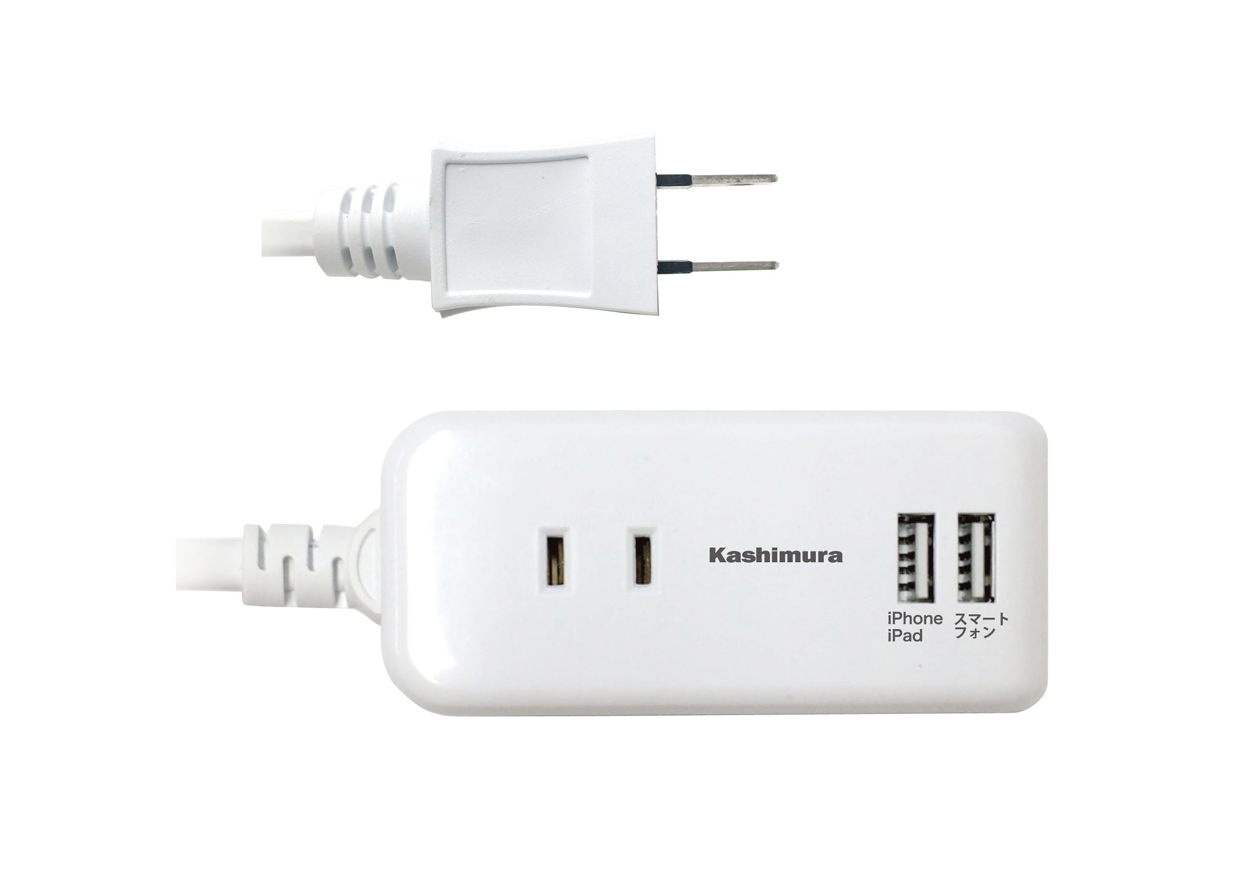 国内・海外兼用 2口電源タップ Aタイプ 2USB 2.1A 1m