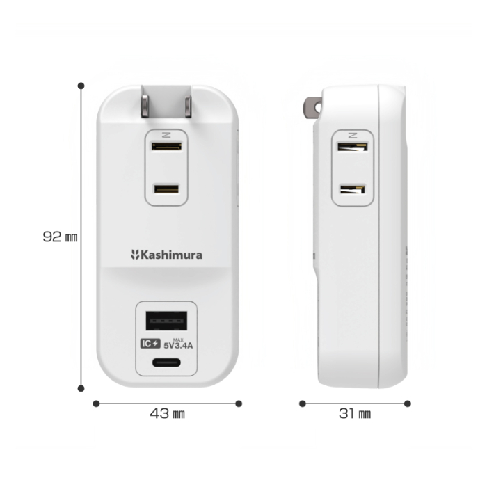 旅行用電源タップ AC3 USBA+C 3.4A 自動識別 リバーシブル - 画像 (6)
