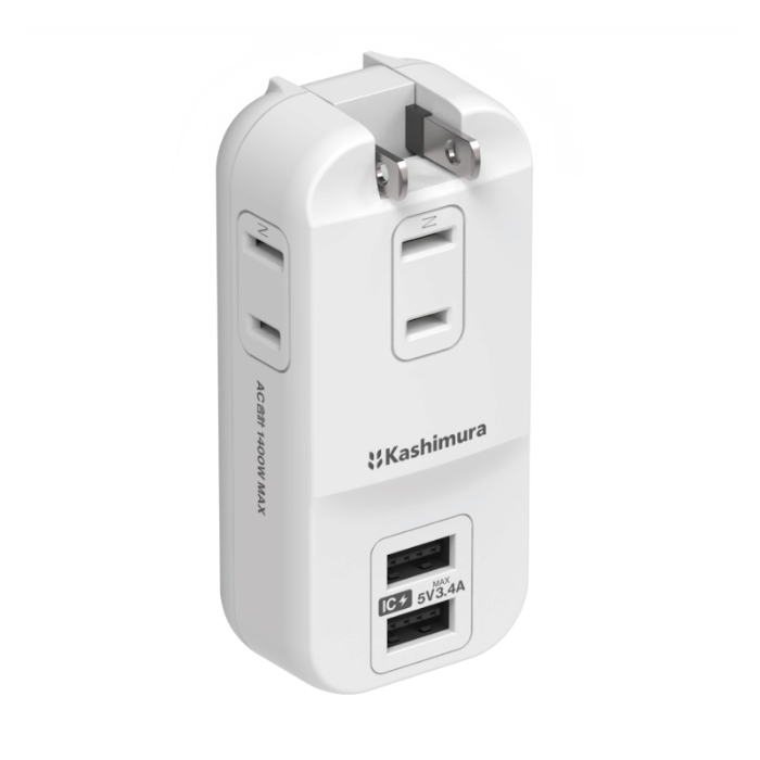 旅行用電源タップ AC3 USBA2 3.4A 自動識別 リバーシブル