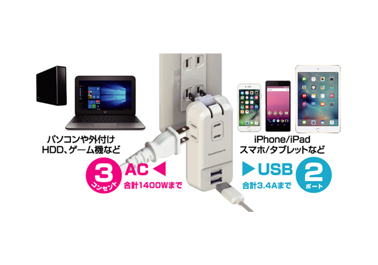 国内・海外兼用電源タップ Aタイプ AC3P USB2P 3.4A WH 折りたたみ - 画像 (2)