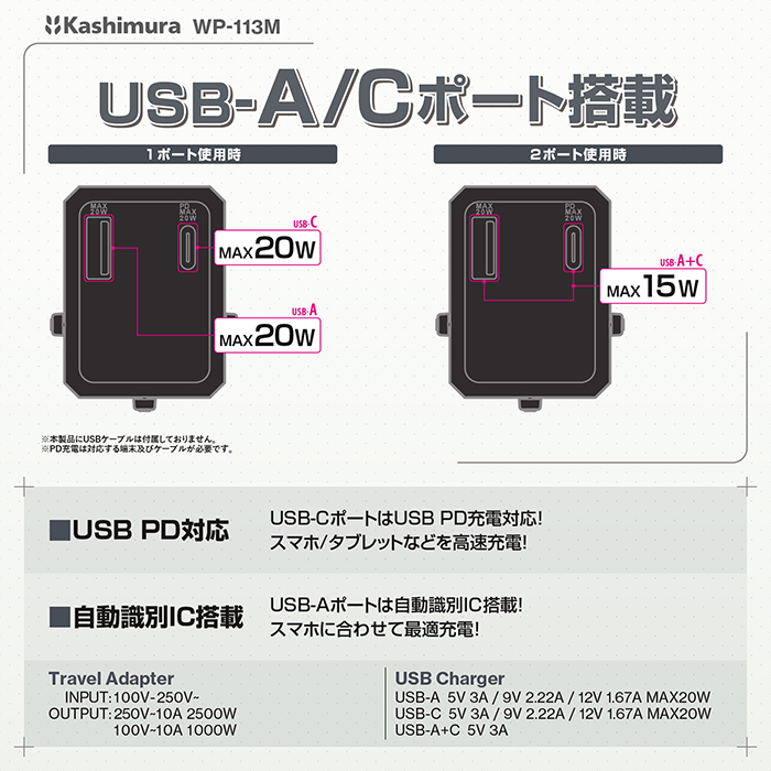 海外用マルチ変換プラグ USBA+C PD20W - 画像 (6)