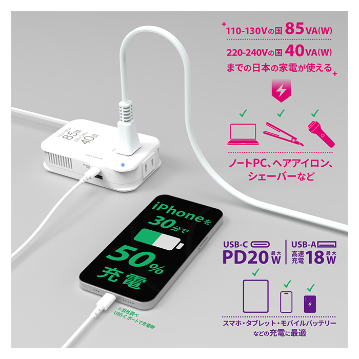海外用薄型2口変圧器USB-A+C PD20W 110-130V/85VA 220-240V/40VA - 画像 (3)
